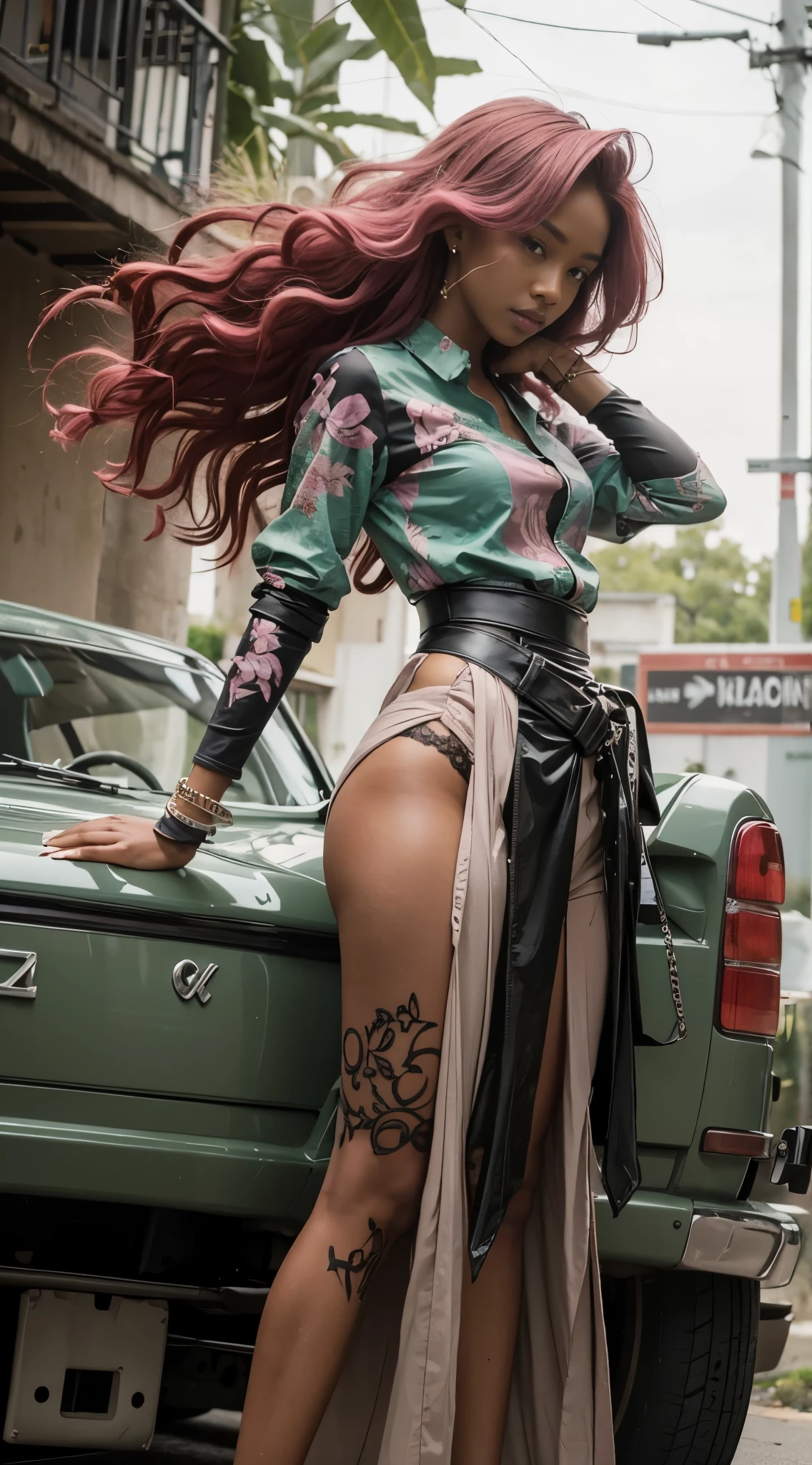 dark skin, medium pink hair