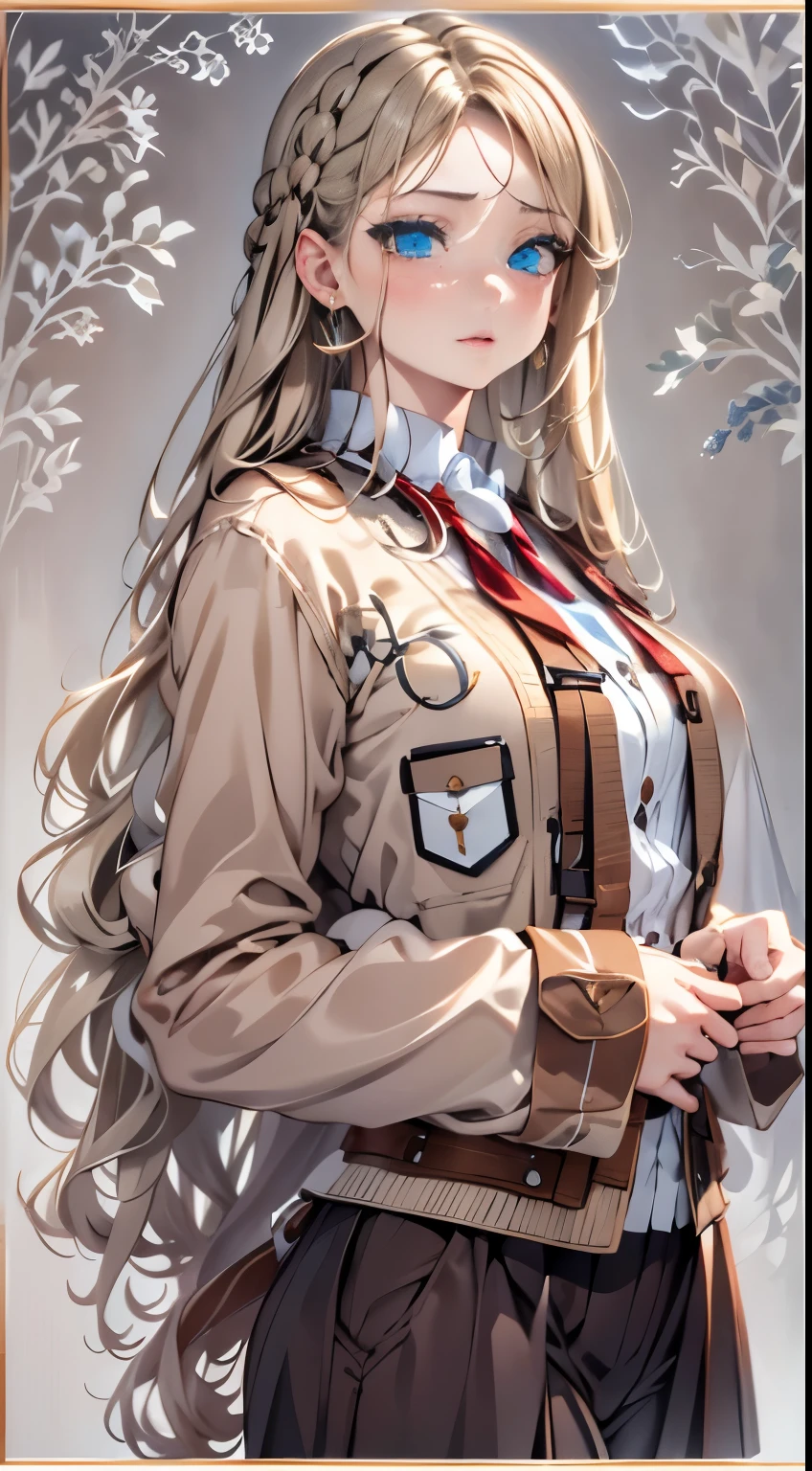Realistic portraits、European young woman、Very realistic eyes、Detailed eyes、Uniform Face、Extraordinary beauty、Ultimate good looks、Ash Blonde Girl、Loosely bundled braid、extremely realistic face、Ultimate Beauty、skinny body、de pele branca。