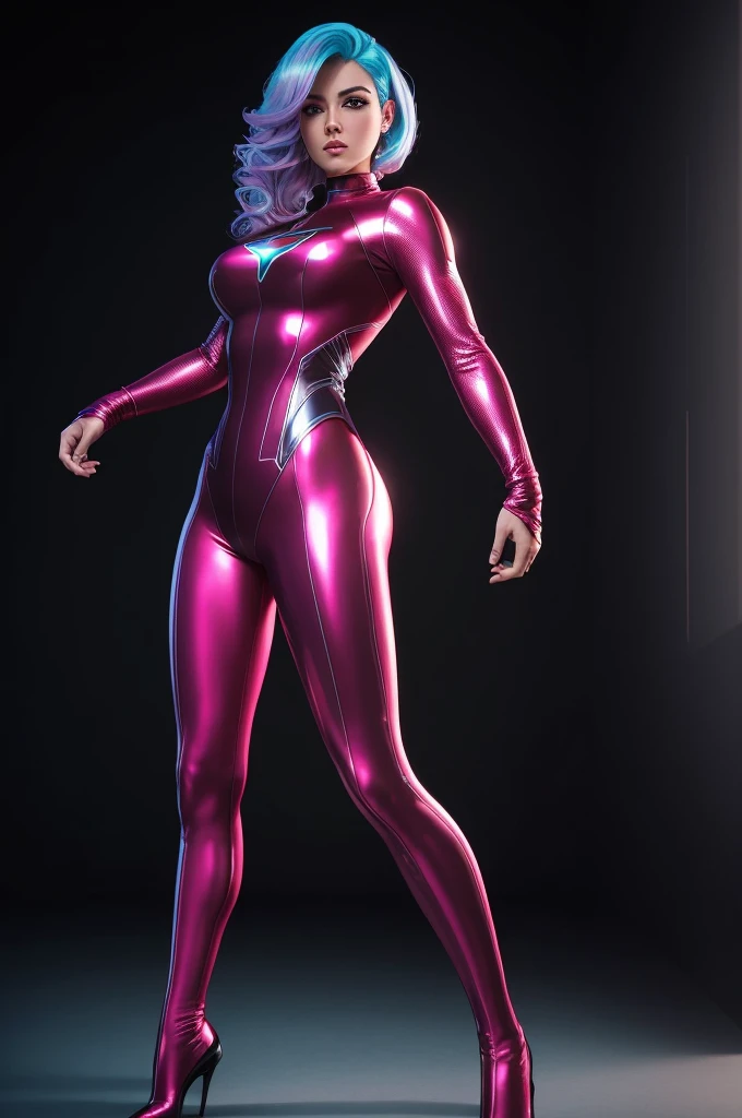 (best quality,8k:1.2,high resolution:1.2),ultra-detalhado,Realistic,science fiction female superhero,retro futurism,pink and blue hair,belos olhos detalhados,beautiful detailed lips,olhos e rosto extremamente detalhados,long eyelashes,cristal latex Leotard,Apertado,red tights,Shiny Metal Accessories,Physically-based rendering,foco nítido,studio lighting,artistas conceituais