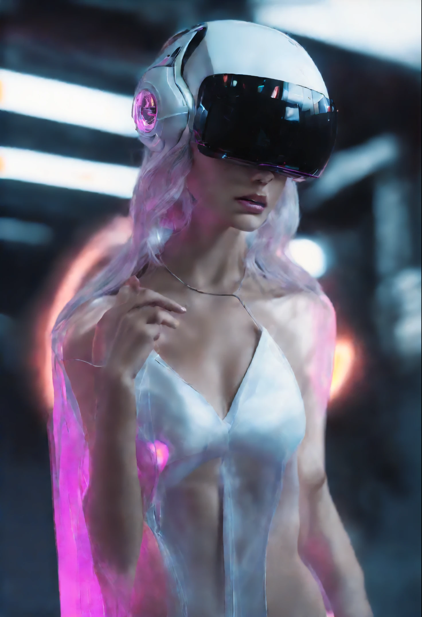 ((Best quality)), ((masterpiece)), (highly detailed:1.3), 3D,full body portrait,rfktr_technotrex, beautiful cyberpunk woman,(wearing head-mounted display that is chunky and hi-tech with neon lights:1.2),wearring a cape,computer ,computer terminals,soft glow from neon lights,micro-electronics,computer servers, LCD screens, fibre optic cables, corporate logos,vibrant colours,HDR (High Dynamic Range),Ray Tracing,NVIDIA RTX,Super-Resolution,Unreal 5,Subsurface scattering,PBR Texturing,Post-processing,Anisotropic Filtering,Depth-of-field,Maximum clarity and sharpness,Multi-layered textures,Albedo and Specular maps,Surface shading,Accurate simulation of light-material interaction,Perfect proportions,Octane Render,Two-tone lighting,Low ISO,White balance,Rule of thirds,Wide aperature,8K RAW,Efficient Sub-Pixel,sub-pixel convolution,luminescent particles,light scattering,Tyndall effect