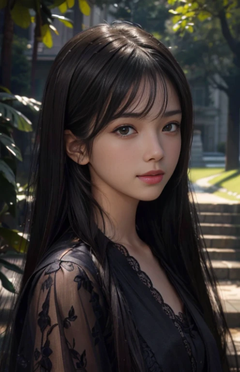 (Ultra Realistic), (Illustration), (Increased Resolution), (8K), (Extremely Detailed), (Best Illustration), (Beautiful and Detailed Eyeest Quality), (Ultra Detailed), (Masterpiece ), ( wallpaper), (detailed face), solo, 1 girl, looking at viewer, fine details, detailed face, in the dark, deep shadows, low key, pureerosfaceace_v1, smiling, long hair, black shawl straight hair , 46 points oblique bangs