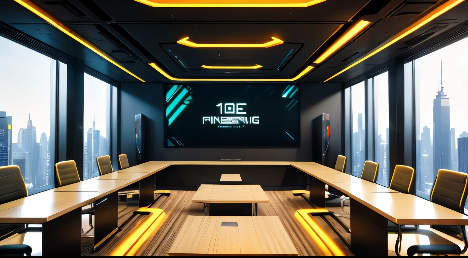 A golden futuristic cyberpunk meeting room