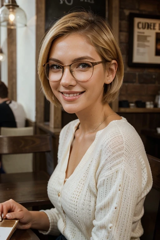 beautiful greek woman, big smile, short blonde hair, light makeup, glasses, hyperdetailed photography, sitting in coffee shop, soft light, ultrarealistic