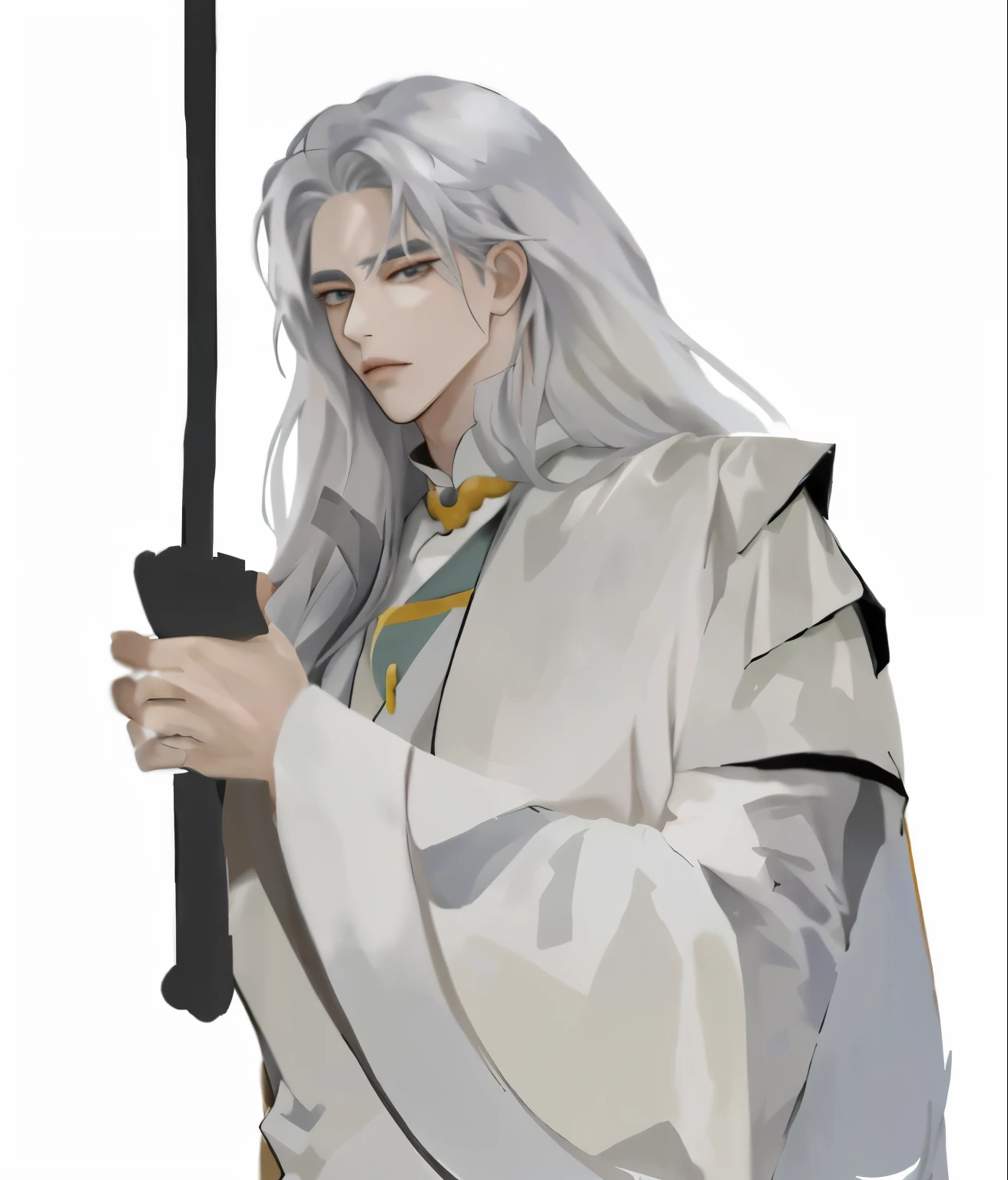 ตัวการ์ตูนที่มีดาบและWhite Hairถือดาบอยู่ในมือ, White Hair deity, White Hair, They have long white hair., Yee Chong Silverfox, whitehair, Inspired by Guan Daosheng, Inspired by Hong Ren, inspired by Huang Shen, made with anime painter studio, They have long white hair., Inspired by Bian Shoumin, Heise Jinyao