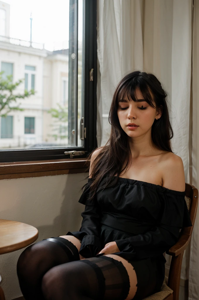 absurderes, ultra-detailliert,bright colour,(in 8K:1.3),masuter piece,extremely beautiful detailed face and eyes, 25 years old,(Smooth straight black hair:1.3), (Shiny long hair:1.2),(Pattsun bangs:1.2) Delicate beautiful face, red blush、(Deep Black Eyes:1.3),(puffy off shoulder black and short tights:1.3), sitting on a chair, sleeping with eyes closed, library, Natural Nice Spot, sleeping, Detailed face, no any window