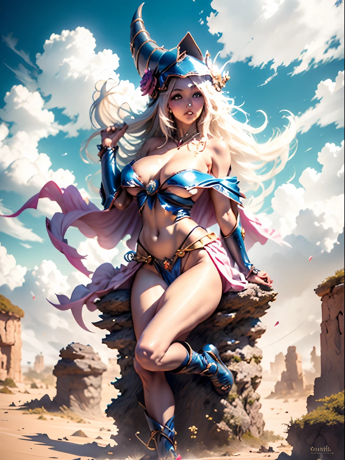 Dark magician gilejor calidad, ((obra maestra)), (detallada), rubia, smal boobs, smal boobs, seductive succubus, Ethereal Beauty, Perched on a pink flowering tree, (Fantasy Illustration: 1.3), mirada encantadora, cautivadora pose, chica dark magician gils sola, delicadas alas de mariposa, encanto de otro mundo, mystical sky, (Luis Royo:1.2), (Yoshitaka Amano:1.1), Moonlit morning, colores suaves, (nubes detalladas:1.3), (high resolusion:1.2) ( dragon flying in the sky) vestido, piernas colgando sobre el estanque, diosa griega, realista, realismo, cuerpo sexy, Desert Landscape. Tacones azules. Pose sejustiva y