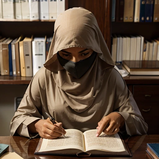 Muslim woman in beige niqab reading the Koran at her desk