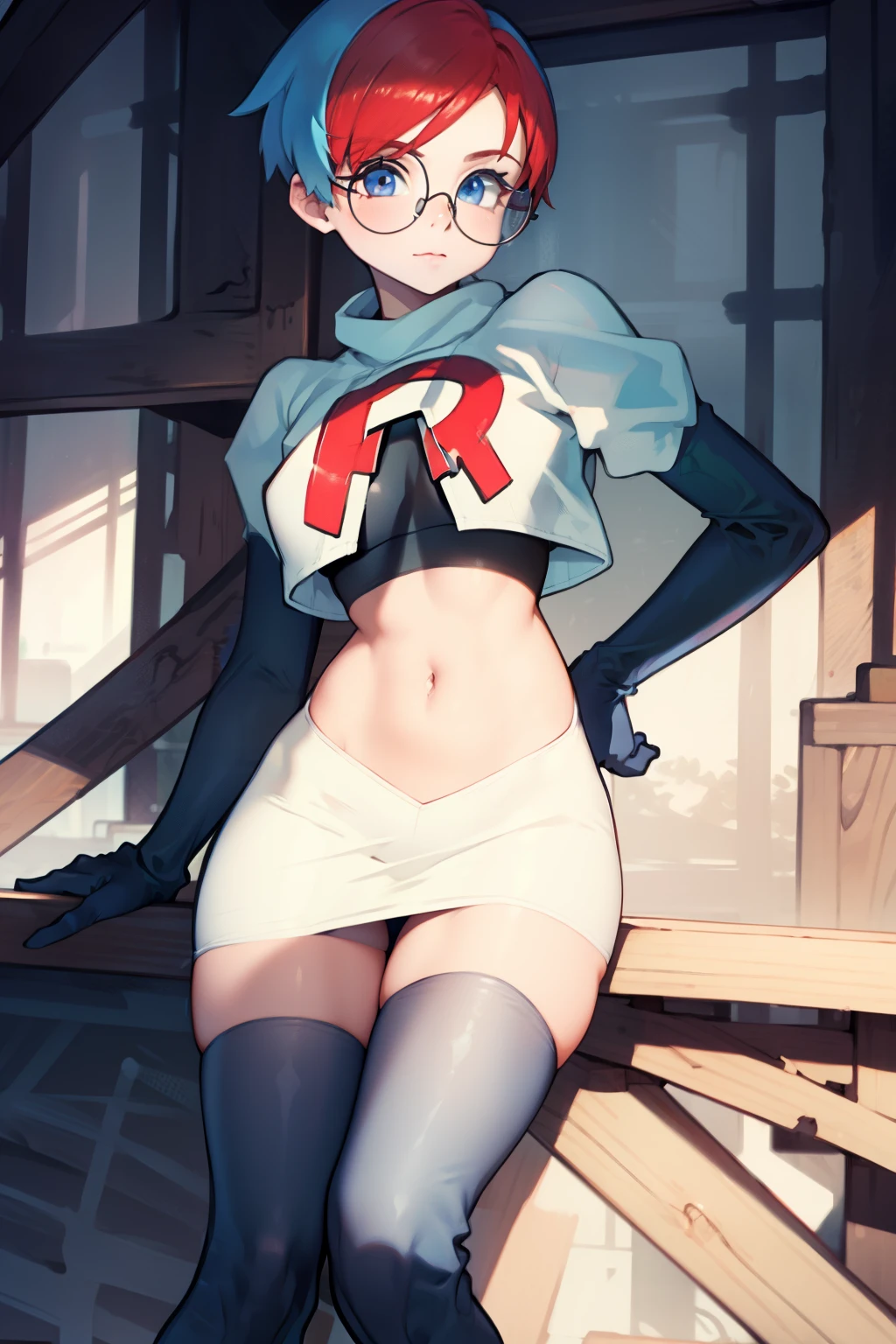 Penny, glasses, team rocket, team rocket uniform, red letter R, white skirt, white crop top, black thigh-high boots, black elbow gloves,