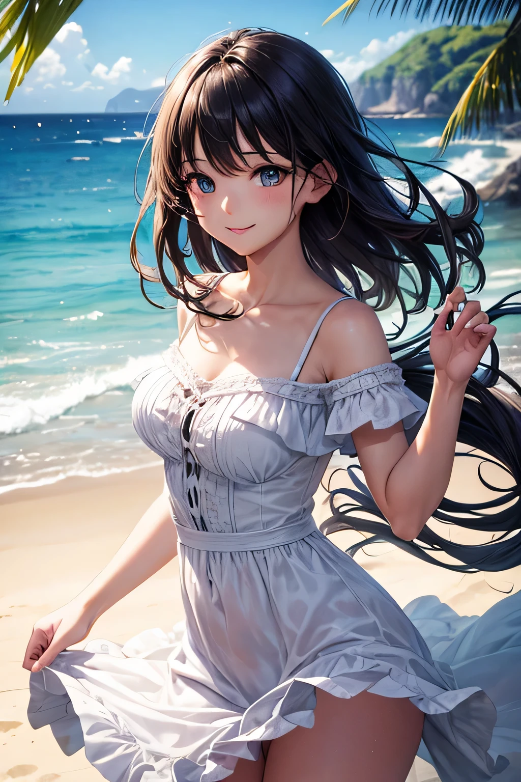 Very cute and beautiful girl,white sundress with small ruffles,(very detailed beautiful face and eyes:1.2),
Smile,Looking at Viewer,Black hair,Dynamic Pose,Dynamic Angle,Cowboy Shot,(Skirt lift,White panties),
Beach,steep cliff in the distance,(Best Quality,masutepiece:1.2),(Intricate details),Extremely detailed,High resolution,
Solo,Hair fluttering in the wind,Beautiful detailed sky,