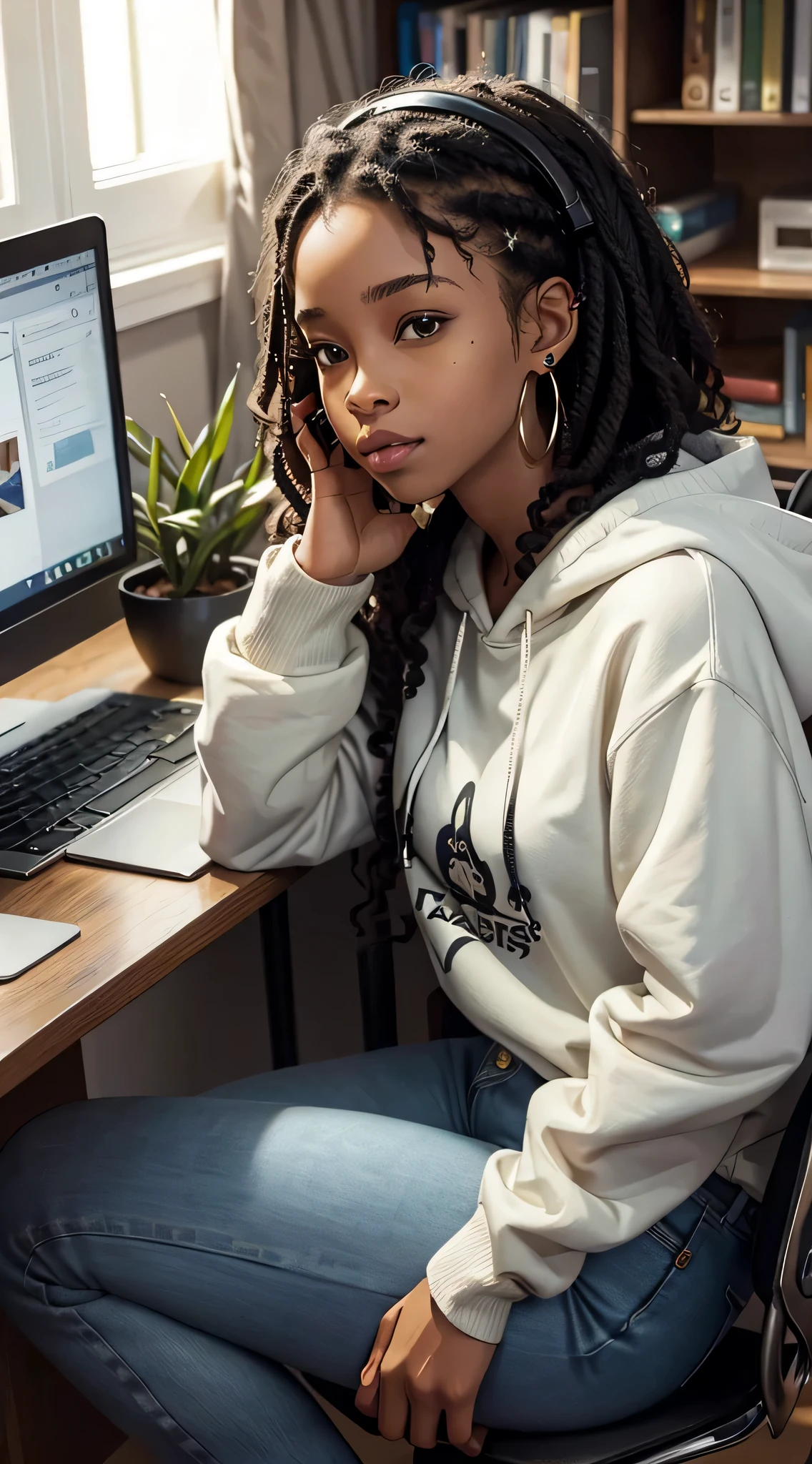 African-american, studying, using laptop, sitting at a desk, side view, looking at laptop, black girl with short curly wearing a gaming headset. she's doing a collage course on her pc. her room is cozy with lots of books and plants. she's wearing a hoodie and jeans. She have a sad facial expression. her ears are pierced with beautiful earrings. she's beautiful and elegant.