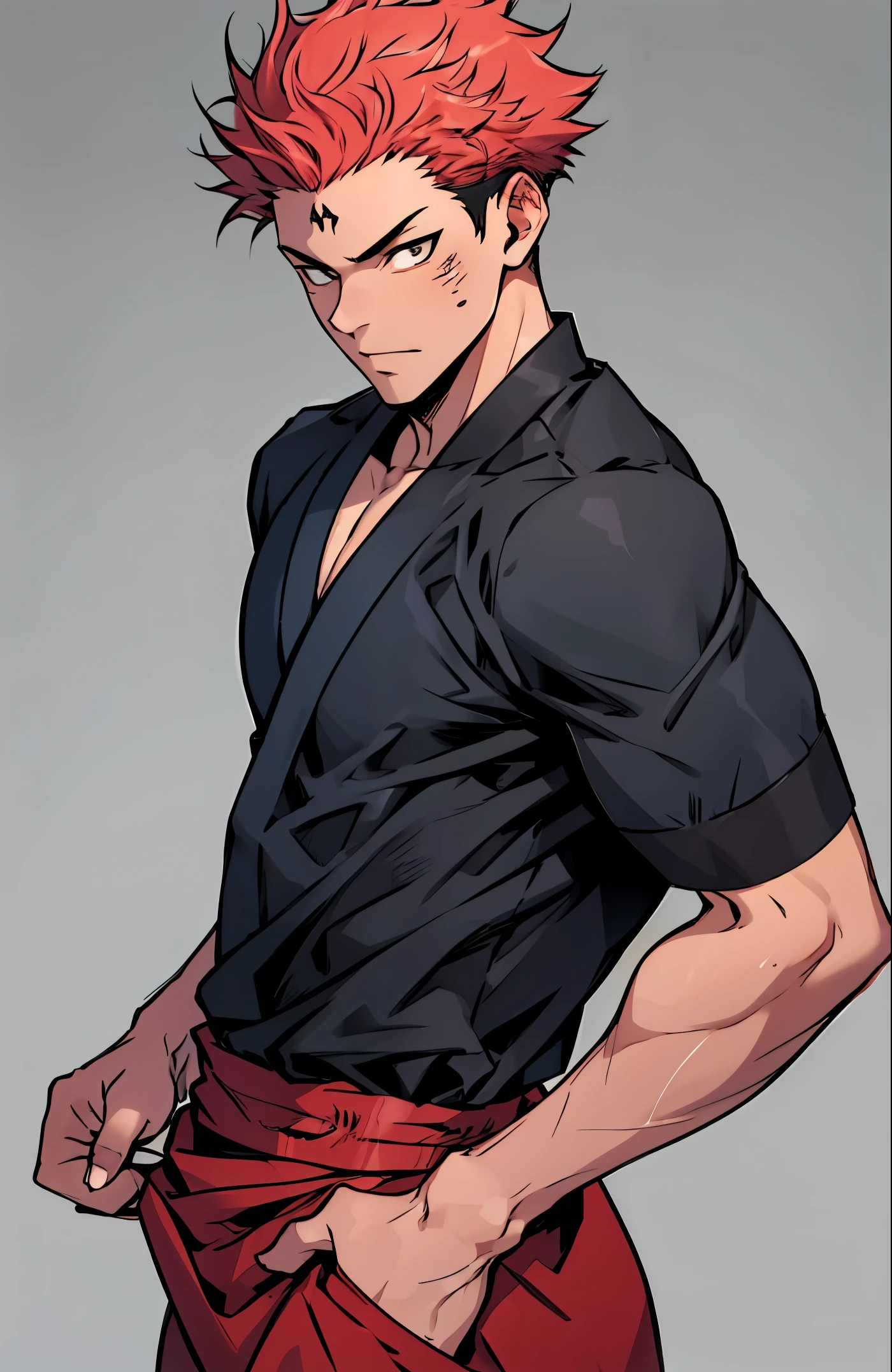 A mais alta qualidade, 8K, image high resolution, estilo Jujutsu Kaisen, Detailed strokes, luz entrando pelas janelas, (angulo de perto), 1 homem, desfilando com pessoas de fundo assistindo , musculoso, cabelo vermelho, wearing a dress shirt  , pants marking the crotch, olhos marcantes, swollen chest