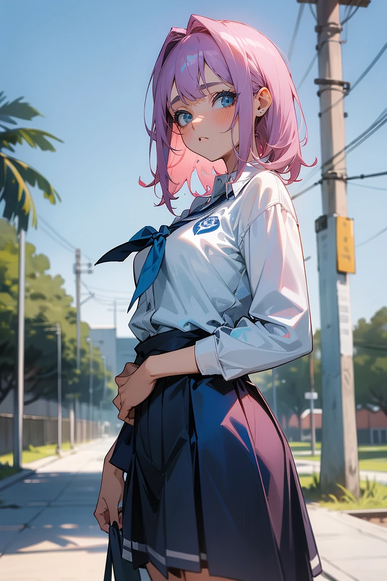 1girl, cara de raiva,boca aberta,Mature female,medium breasts,camisa branca,saia azul,Gravata Azul,cabelo rosa escuro,medium hair,olhos castanhos,cowboy shot,((standing in a school yard))