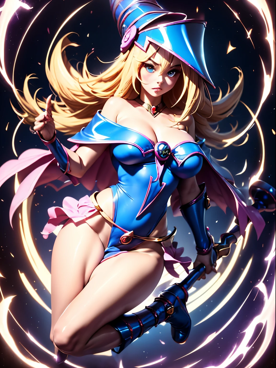 ultra-detailed, extremely detailed, masterpiece, highest quality, best quality, absurdres, highres, dark magician girl, (1girl:1.2), solo, detailed face, dynamic pose, hair flow, (full body:1.1),  blonde hair, long hair, looking at viewer, green eyes, skindentation, detailed skin, skin pores, (shiny skin, glossy skin:1.1), rosy skin details, breasts, nail polish, skirt, blue footwear, blue headwear, wizard hat, wand, holding hat, (blue panties:0.9), (summoning circle:1.1), hexagram, pentacle, pentagram, yu-gi-oh!, duel monster, purple magic field, glow, detailed background, intricate background,