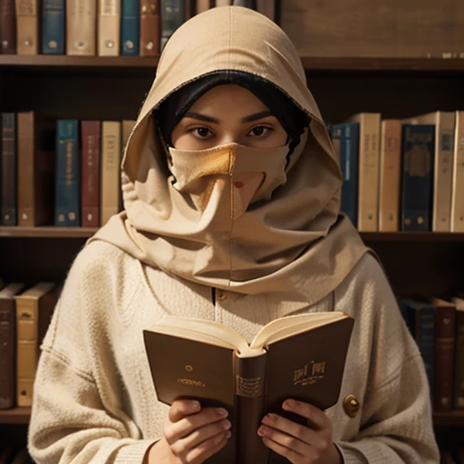 Aesthetic girl in a beige niqab reading a book