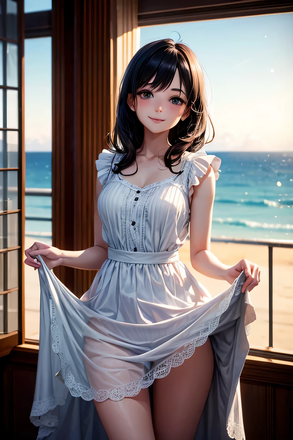 very cute and beautiful girl standing near the window,white sundress with small ruffles,Skirt lift,White panties,
(very detailed beautiful face and eyes:1.2),Antique hotel bedroom with outside view,Distant trees々and the sea,
Cowboy Shot,Smile,Medium Hair,Black hair,Dynamic Angle,(Best Quality,masutepiece:1.2),(Intricate details),
Extremely detailed,hight resolution,1 girl,Solo,Natural lighting,light Particle,Beautiful detailed sky,