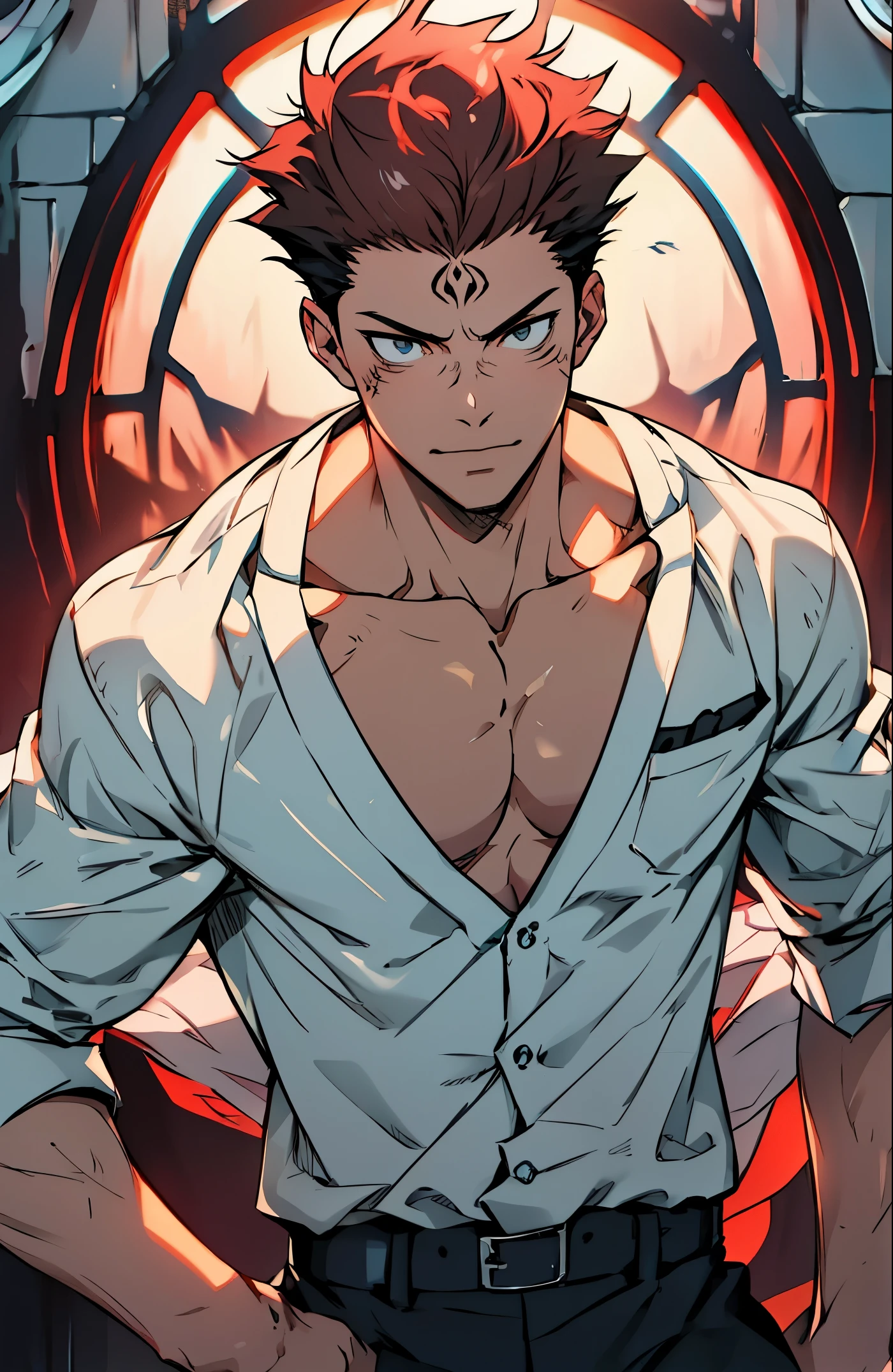 A mais alta qualidade, 8K, image high resolution, estilo Jujutsu Kaisen, Detailed strokes, luz entrando pelas janelas, (angulo de perto), 1 homem, jovem, masculo, modelo, desfilando em uma passarela com pessoas assistindo o desfile , musculoso, cabelo vermelho, wearing a dress shirt , pants marking the crotch, olhos marcantes, swollen chest