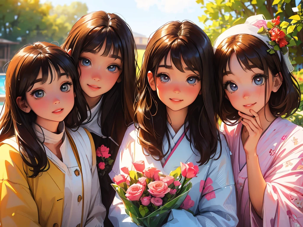 (best quality,highres,masterpiece:1.2),ultra-detailed,realistic,4 anime sisters posing together,beautiful detailed eyes,beautiful detailed lips,long eyelashes,[anime style],gorgeous 17 yr old brunette girl with mesmerizing eyes and a warm smile,[brunette teenager:1.1],sweet 14 yr old blonde girl with sparkling eyes and a cute dimple,[blonde teenager:1.1],adorable 10 yr old brunette girl with innocent eyes and a playful expression,[brunette girl:1.1],adorable 7 yr old brunette girl with curious eyes and a mischievous grin,[brunette girl:1.1],[group of sisters],vibrant colors,soft natural lighting,floral background,cheerful and harmonious atmosphere,joyful and loving sisterly bond