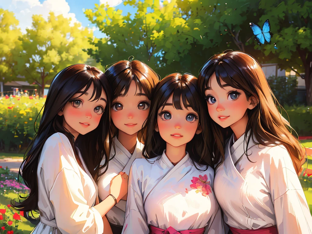 (best quality,highres,masterpiece:1.2),ultra-detailed,realistic,4 anime sisters posing together,beautiful detailed eyes,beautiful detailed lips,long eyelashes,[anime style],gorgeous 17 yr old brunette girl with mesmerizing eyes and a warm smile,[brunette teenager:1.1],sweet 14 yr old blonde girl with sparkling eyes and a cute dimple,[blonde teenager:1.1],adorable 10 yr old brunette girl with innocent eyes and a playful expression,[brunette girl:1.1],adorable 7 yr old brunette girl with curious eyes and a mischievous grin,[brunette girl:1.1],[group of sisters],vibrant colors,soft natural lighting,floral background,cheerful and harmonious atmosphere,joyful and loving sisterly bond