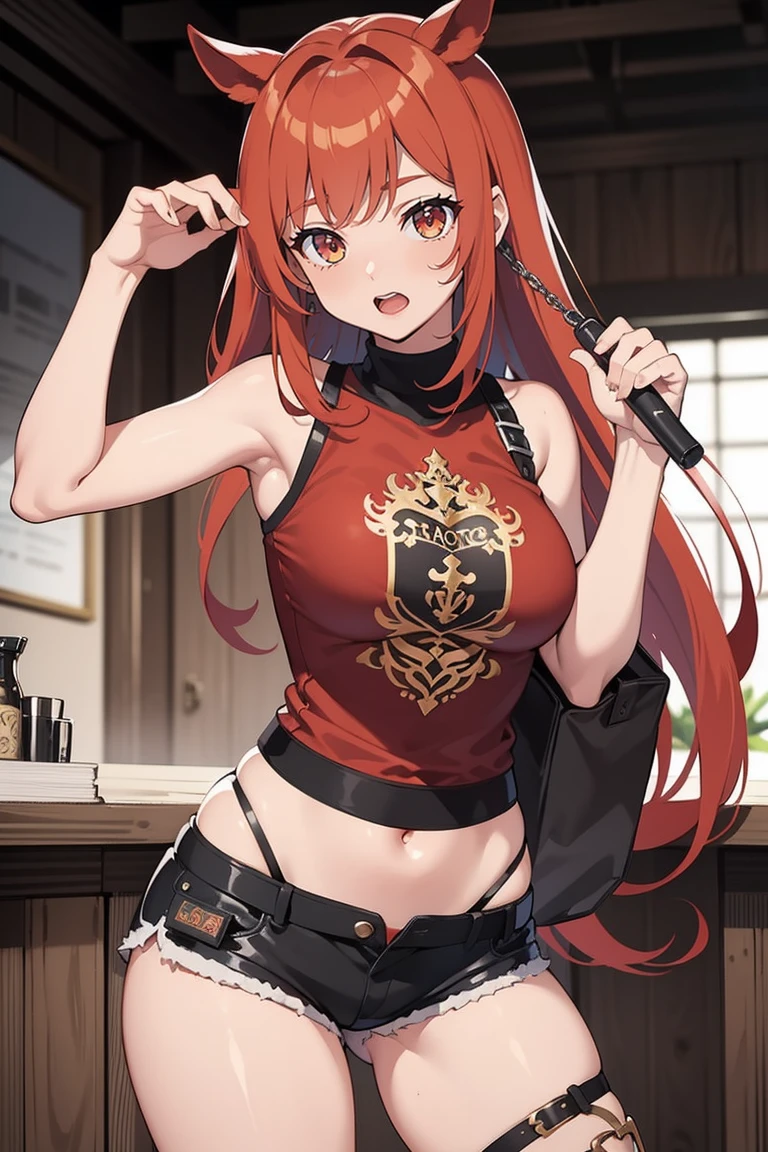 young girl, Long red hair, high ponytail, brown eye, Black sleeveless t-shirt, open belly, camouflage military pants, Katanas, Masterpiece, hiquality