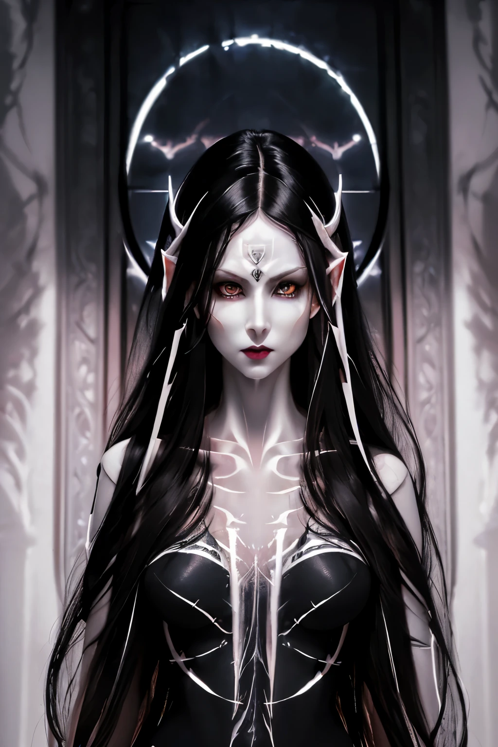hyper realistic ultra detailed modern acrylic painting of a dark elven goddess of sinister diabolic beauty and seductive power, (extrem detailed and symmetrical face:1.5), shadow-like clothes, (masterpiece:1.5), dynamic elegant and alluring pose, (showcasing perfect slim slender anatomy:1.2), (very pale skin:1.9), (long black hair: 1.2), moist large intense eyes, dynamic lighting, hdr, uhd, 8k