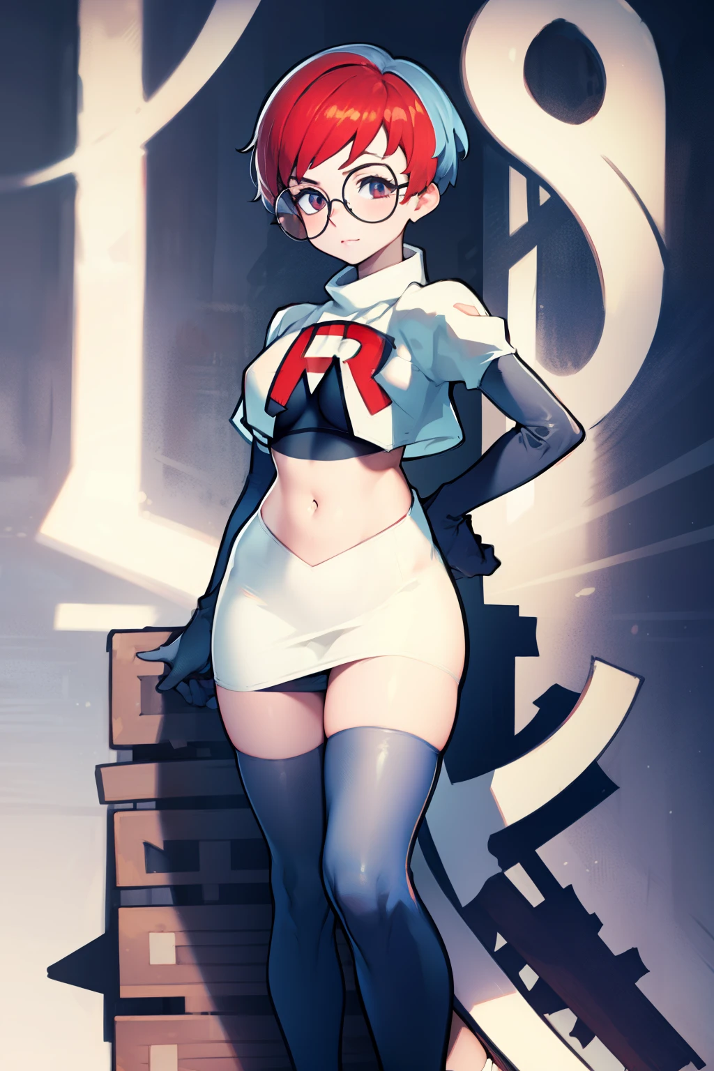 Penny, glasses, team rocket, team rocket uniform, red letter R, white skirt, white crop top, black thigh-high boots, black elbow gloves,