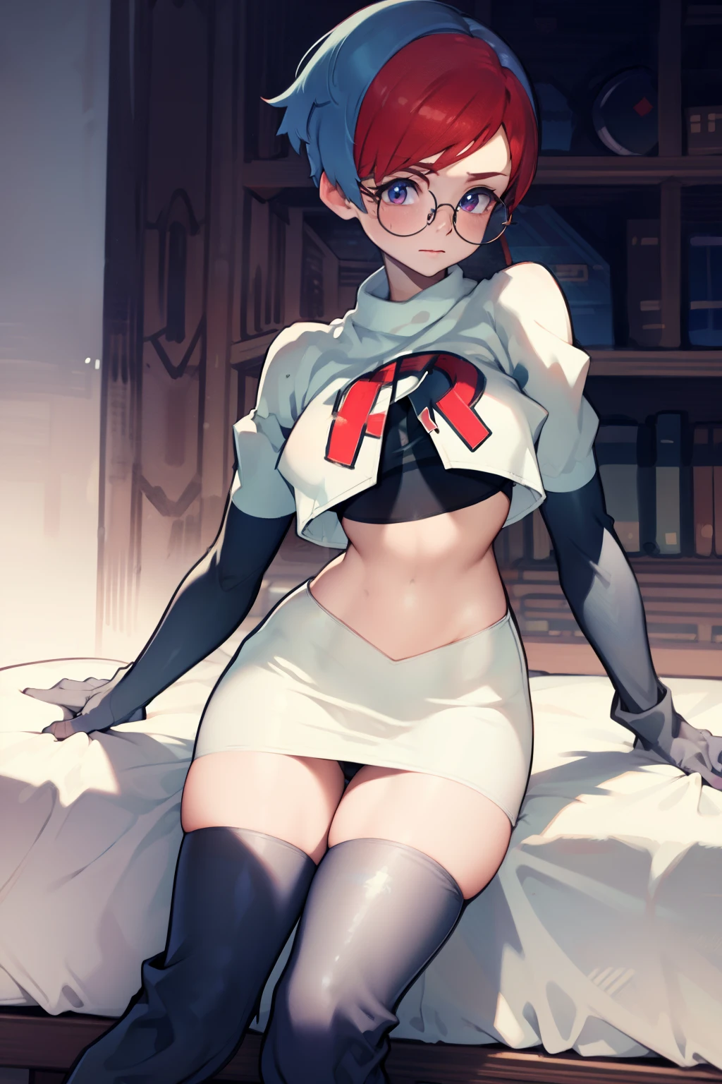 Penny, glasses, team rocket, team rocket uniform, red letter R, white skirt, white crop top, black thigh-high boots, black elbow gloves,