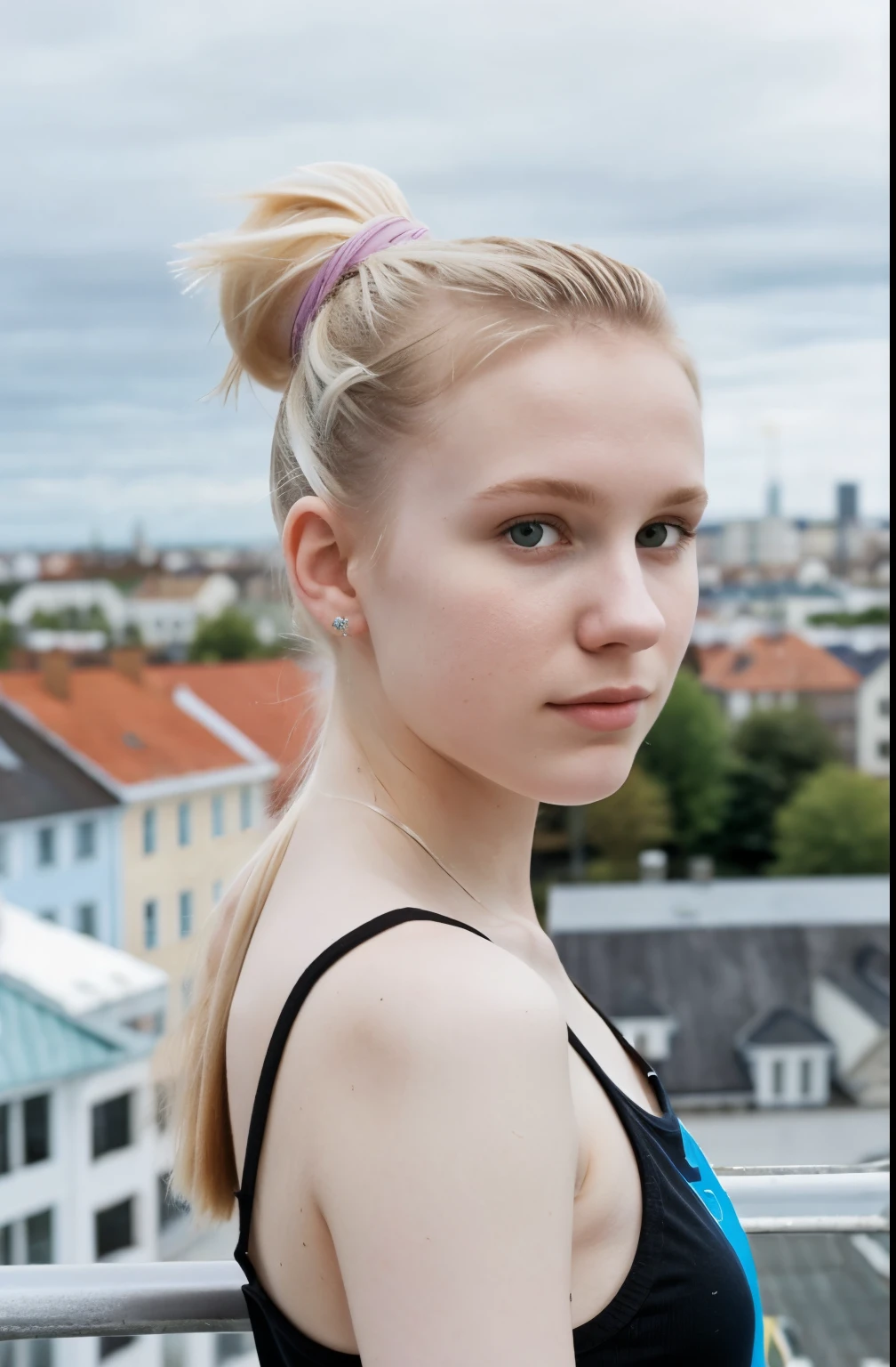 a young woman from Northern Europe, 18 years old, pale skin, blonde hair, ponytail haircut, Norwegian city in the background, night