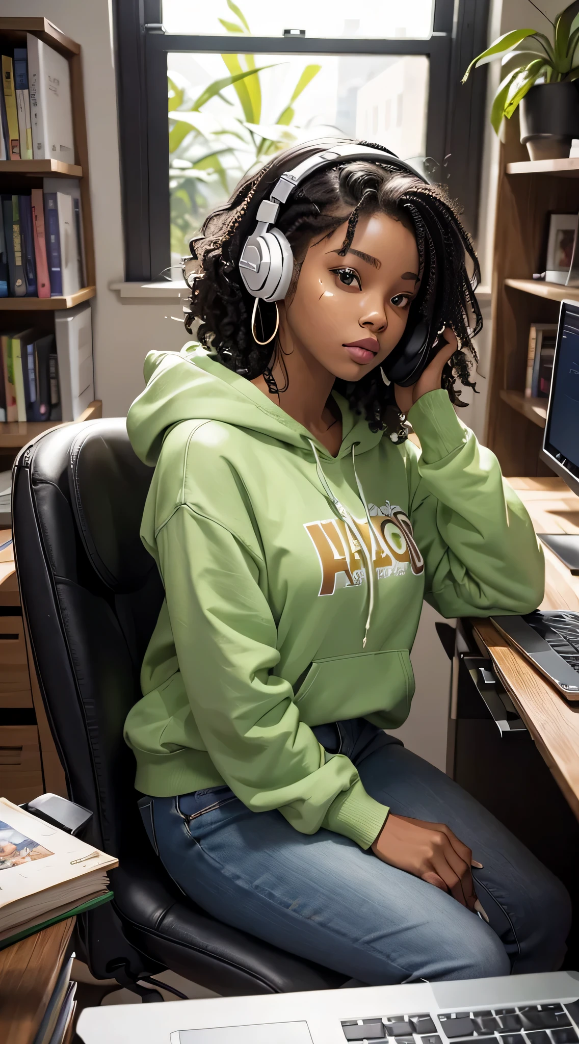 African-american, studying, using laptop, sitting at a desk, side view, looking at laptop, black girl with short curly wearing a gaming headset. she's doing a collage course on her pc. her room is cozy with lots of books and plants. she's wearing a hoodie and jeans. She have a sad facial expression. her ears are pierced with beautiful earrings. she's beautiful and elegant.