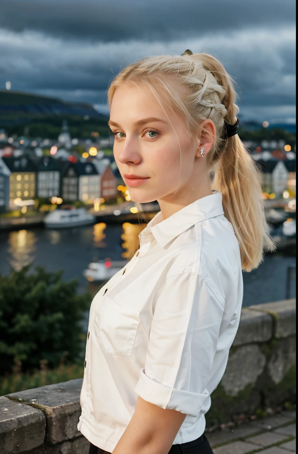 a young woman from Northern Europe, 18 years old, pale skin, blonde hair, ponytail haircut, Norwegian city in the background, night