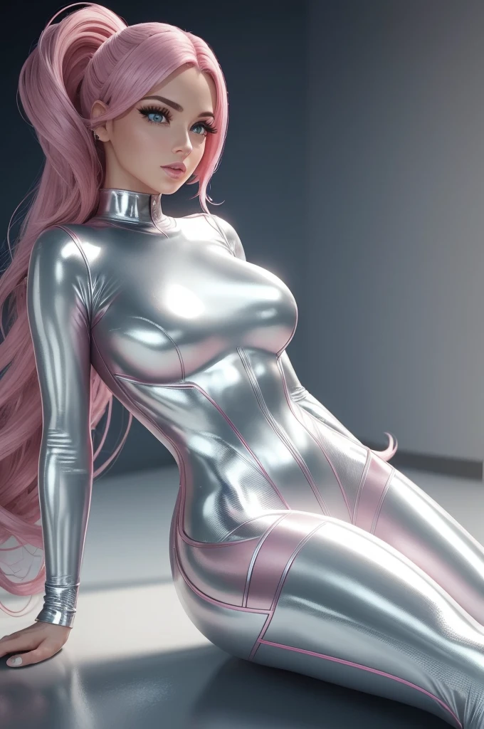 (best quality,8k:1.2,high resolution:1.2),ultra-detalhado,Realistic,science fiction female superhero,retro futurism,pink hair,belos olhos detalhados,beautiful detailed lips,olhos e rosto extremamente detalhados,long eyelashes,all rose latex catsuit,white tights,Shiny Metal Accessories,Physically-based rendering