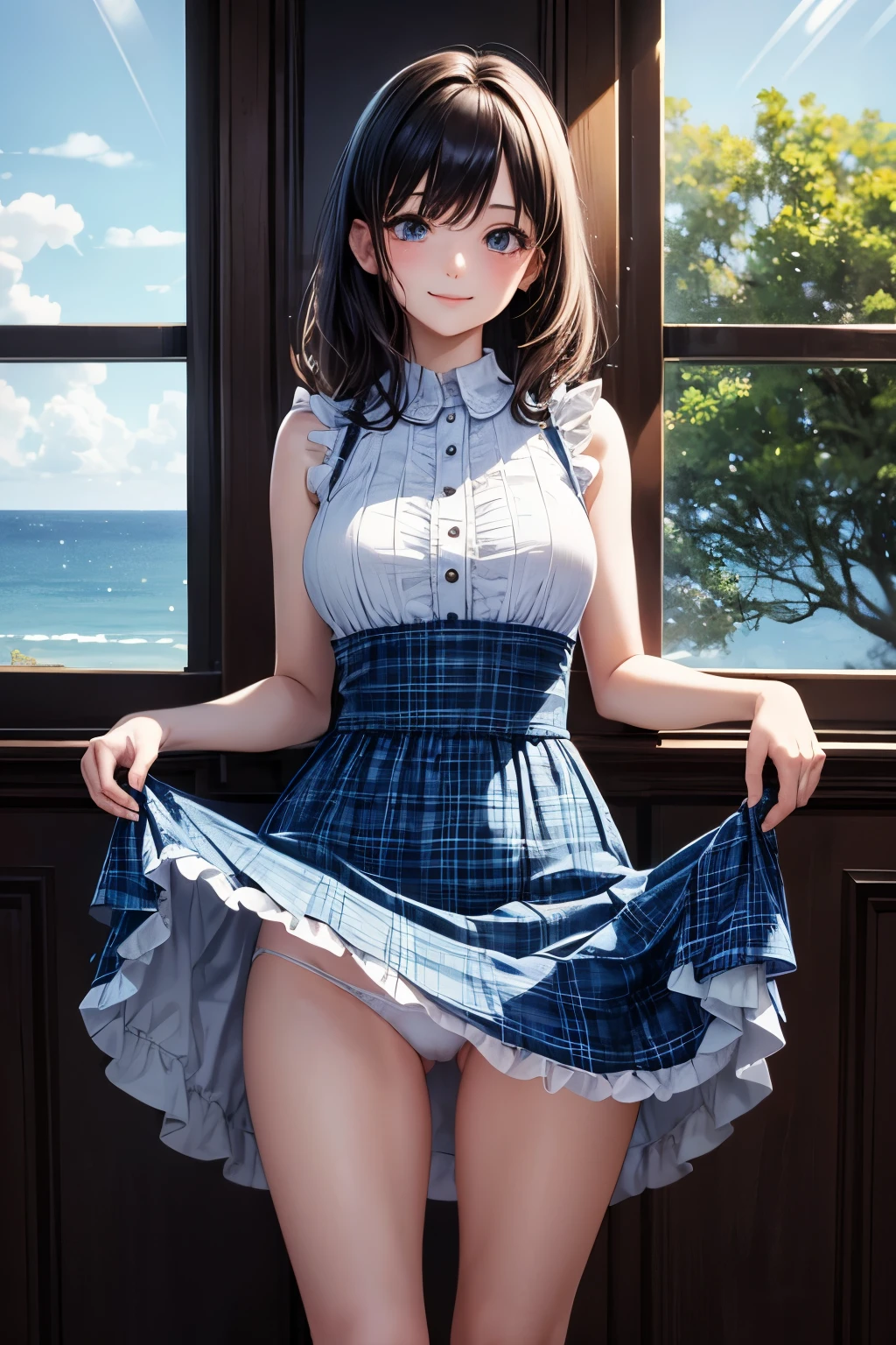 very cute and beautiful girl standing near window,blue plaid summer dress with detailed frills,sleeveless,skirt lift,white panties, (highly detailed beautiful face and eyes:1.2),antique hotel bedroom with outside view,distant trees and ocean, cowboy shot,smile,medium hair,black hair,dynamic angle,(best quality,masterpiece:1.2),(intricate details), extremely detailed,highres,1 girl,solo,natural lighting,light particles,beautiful detailed sky,
