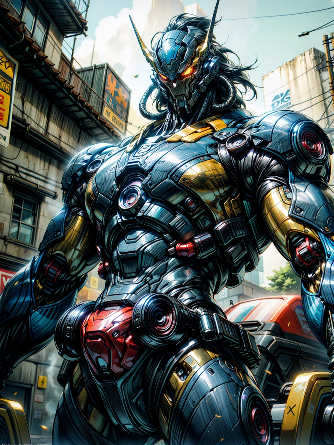 (megan fox), Cinematic, hyper-detailed, and insanely detailed, this artwork captures the essence of a muscular cyborg girl. Beautiful color grading, enhancing the overall cinematic feel. Unreal Engine brings her anatomic cybernetic muscle suit to life, appearing even more mesmerizing. With the use of depth of field (DOF), every detail is focused and accentuated, drawing attention to her eyes and the intricate design of the anatomic cybernetic muscle suit . The image resolution is at its peak, utilizing super-resolution technology to ensure every pixel is perfect. Cinematic lighting enhances her aura, while anti-aliasing techniques like FXAA and TXAA keep the edges smooth and clean. Adding realism to the anatomic cybernetic muscle suit, RTX technology enables ray tracing. Additionally, SSAO (Screen Space Ambient Occlusion) gives depth and realism to the scene, the girl's anatomic cybernetic muscle suit become even more convincing. In the post-processing and post-production stages, tone mapping enhances the colors, creating a captivating visual experience. The integration of CGI (Computer-Generated Imagery) and VFX (Visual Effect brings out the anatomic cybernetic muscle suit's intricate features in a seamless manner. SFX (Sound Effects) complement the visual artistry, immersing the viewer further into this fantastic world. The level of detail is awe-inspiring, with intricate elements meticulously crafted, the artwork hyper maximalist and hyper-realistic. Volumetric effects add depth and dimension, and the photorealism is unparalleled. The image is rendered in 8K resolution, ensuring super-detailed visuals. The volumetric lightning adds a touch of magic, highlighting her beauty and the aura of her anatomic cybernetic muscle suit in an otherworldly way. High Dynamic Range (HDR) technology makes the colors pop, adding richness to the overall composition. Ultimately, this artwork presents an unreal portrayal of a super muscled cyborg girl