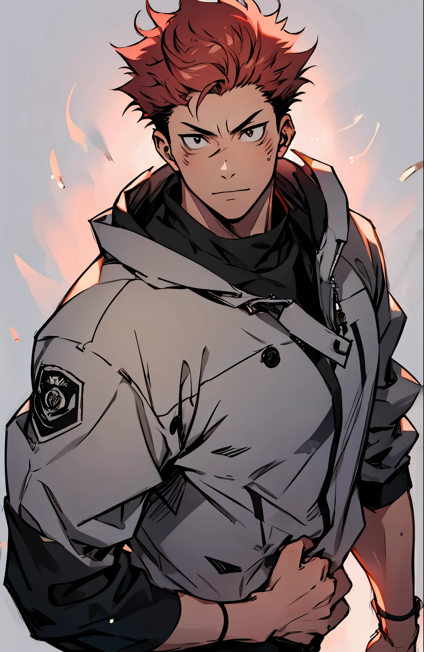 A mais alta qualidade, 8K, image high resolution, estilo Jujutsu Kaisen, Detailed strokes, natural lightting, (angulo de perto), 1 homem, jovem, masculo, modelo, desfilando em uma passarela com pessoas assistindo o desfile , musculoso, cabelo vermelho, wearing a cold jacket , pants marking the crotch, olhos marcantes, swollen chest