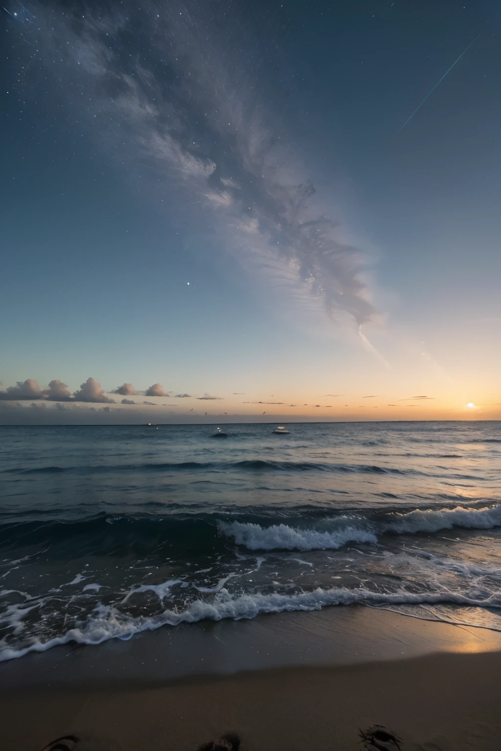 Noite estrelada acompanhada sobre a lua azul,com mar brilhante.