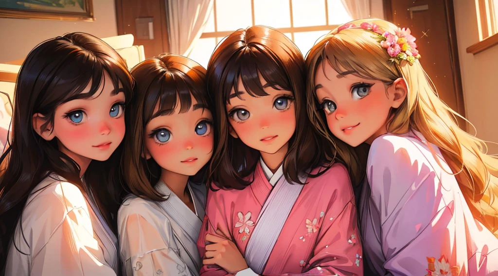 (best quality,highres,masterpiece:1.2),ultra-detailed,realistic,4 anime sisters posing together,beautiful detailed eyes,beautiful detailed lips,long eyelashes,[anime style],gorgeous  yr old brunette girl with mesmerizing eyes and a warm smile,[brunette teenager:1.1],sweet 14old blonde girl with sparkling eyes and a cute dimple,[blonde teenager:1.1],adorable 10 yr brunette girl with innocent eyes and a playful expression,[brunette girl:1.1],adorable 7 yr old brunette girl with curious eyes and a mischievous grin,[brunette girl:1.1],[group of sisters],vibrant colors,soft natural lighting,floral background,cheerful and harmonious atmosphere,joyful and loving sisterly bond