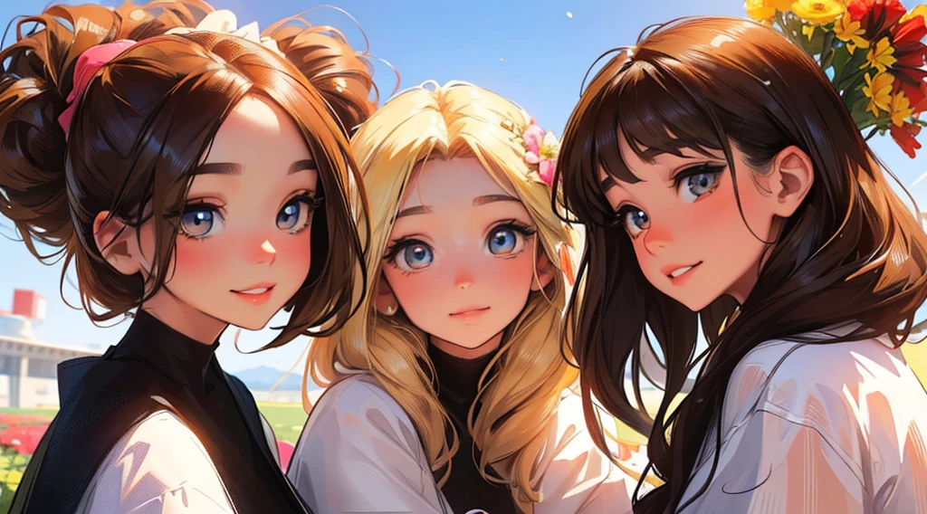 (best quality,highres,masterpiece:1.2),ultra-detailed,realistic,4 anime sisters posing together,beautiful detailed eyes,beautiful detailed lips,long eyelashes,[anime style],gorgeous 17 yr old brunette girl with mesmerizing eyes and a warm smile,[brunette teenager:1.1],sweet 14 yr old blonde girl with sparkling eyes and a cute dimple,[blonde teenager:1.1],adorable 10 yr old brunette girl with innocent eyes and a playful expression,[brunette girl:1.1],adorable 7 yr old brunette girl with curious eyes and a mischievous grin,[brunette girl:1.1],[group of sisters],vibrant colors,soft natural lighting,floral background,cheerful and harmonious atmosphere,joyful and loving sisterly bond