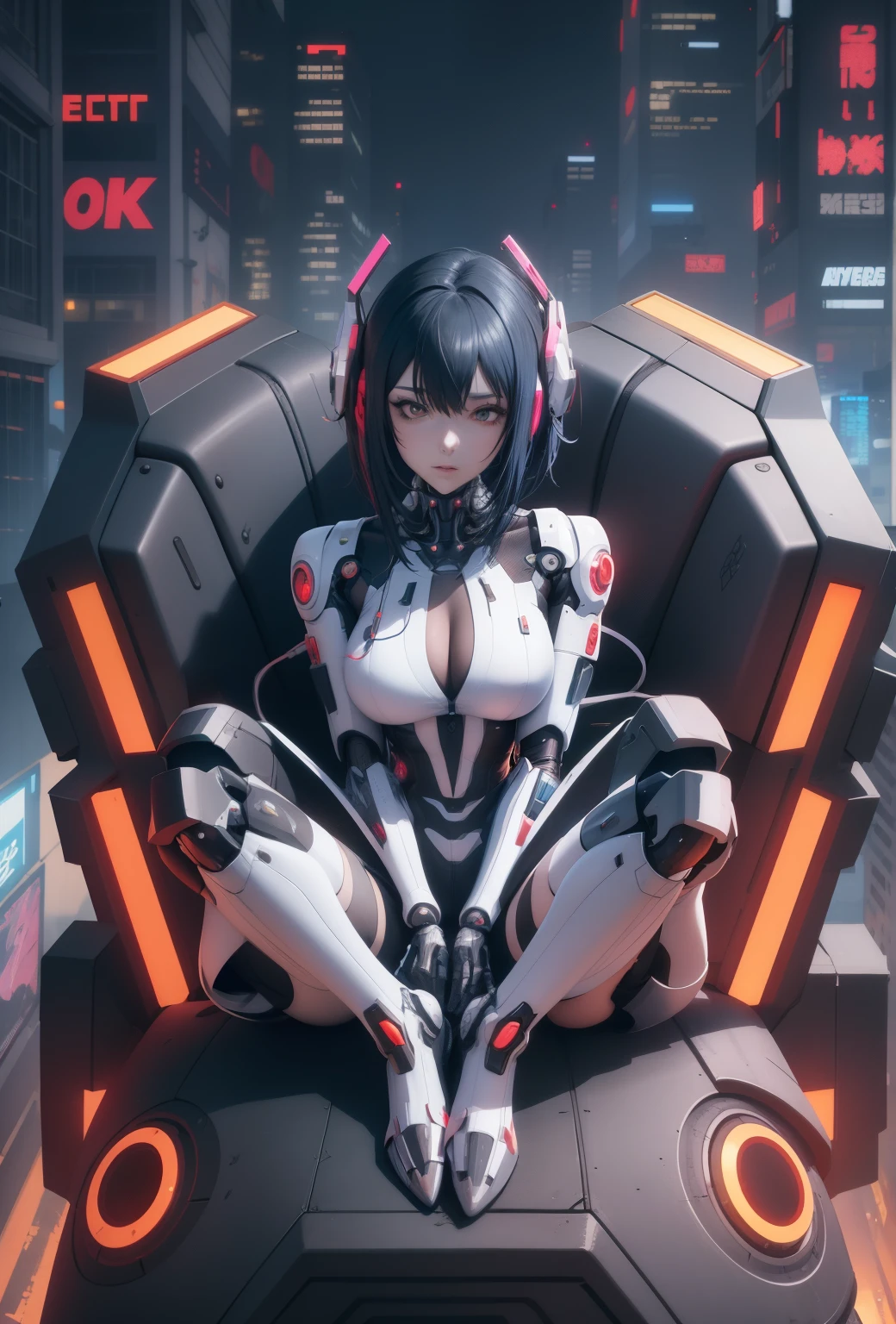 a close up of a person sitting on a large chair in a city, cyberpunk anime girl mech, digital cyberpunk anime art, anime cyberpunk art, digital cyberpunk - anime art, cyberpunk anime girl, cyberpunk anime art, female cyberpunk anime girl, modern cyberpunk anime, anime cyberpunk, cyberpunk art style, anime mecha aesthetic, girl in mecha cyber armor