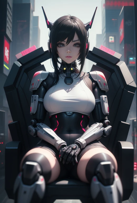a close up of a person sitting on a large chair in a city, cyberpunk anime girl mech, digital cyberpunk anime art, anime cyberpunk art, digital cyberpunk - anime art, cyberpunk anime girl, cyberpunk anime art, female cyberpunk anime girl, modern cyberpunk anime, anime cyberpunk, cyberpunk art style, anime mecha aesthetic, girl in mecha cyber armor