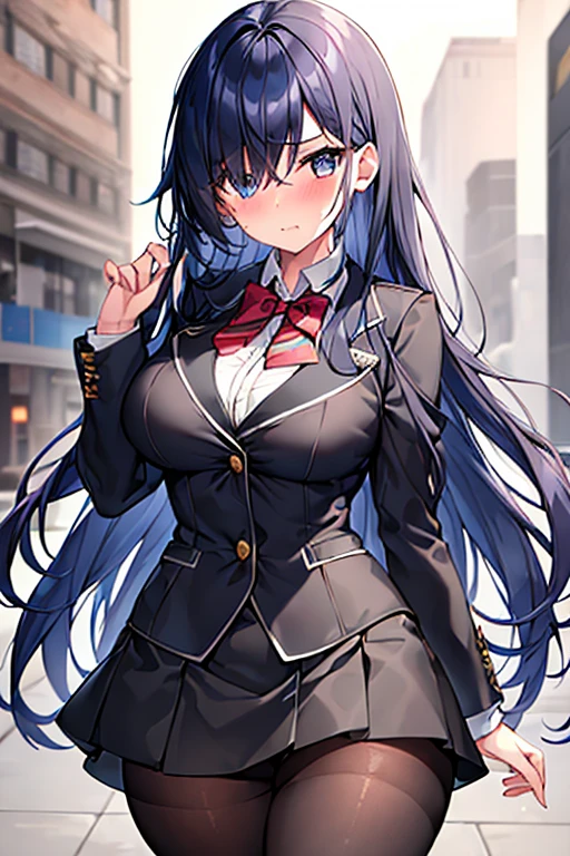 1girl, breasts, large breasts, wide hips, dark blue hair, hair over one eye, one eye covered, long hair, jacket, ((black jacket)), black jacket, miniskirt, white skirt, ((white skirt)), pantyhose, bowtie, red bowtie, shy, timid, blushing, blush, wavy mouth, black pantyhose