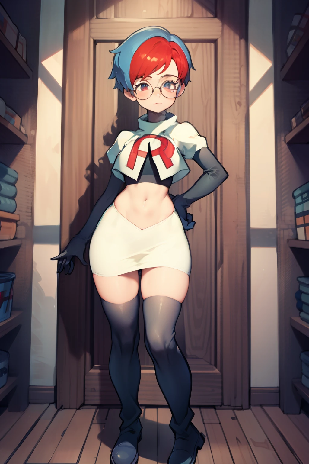 Penny, glasses, team rocket, team rocket uniform, red letter R, white skirt, white crop top, black thigh-high boots, black elbow gloves,