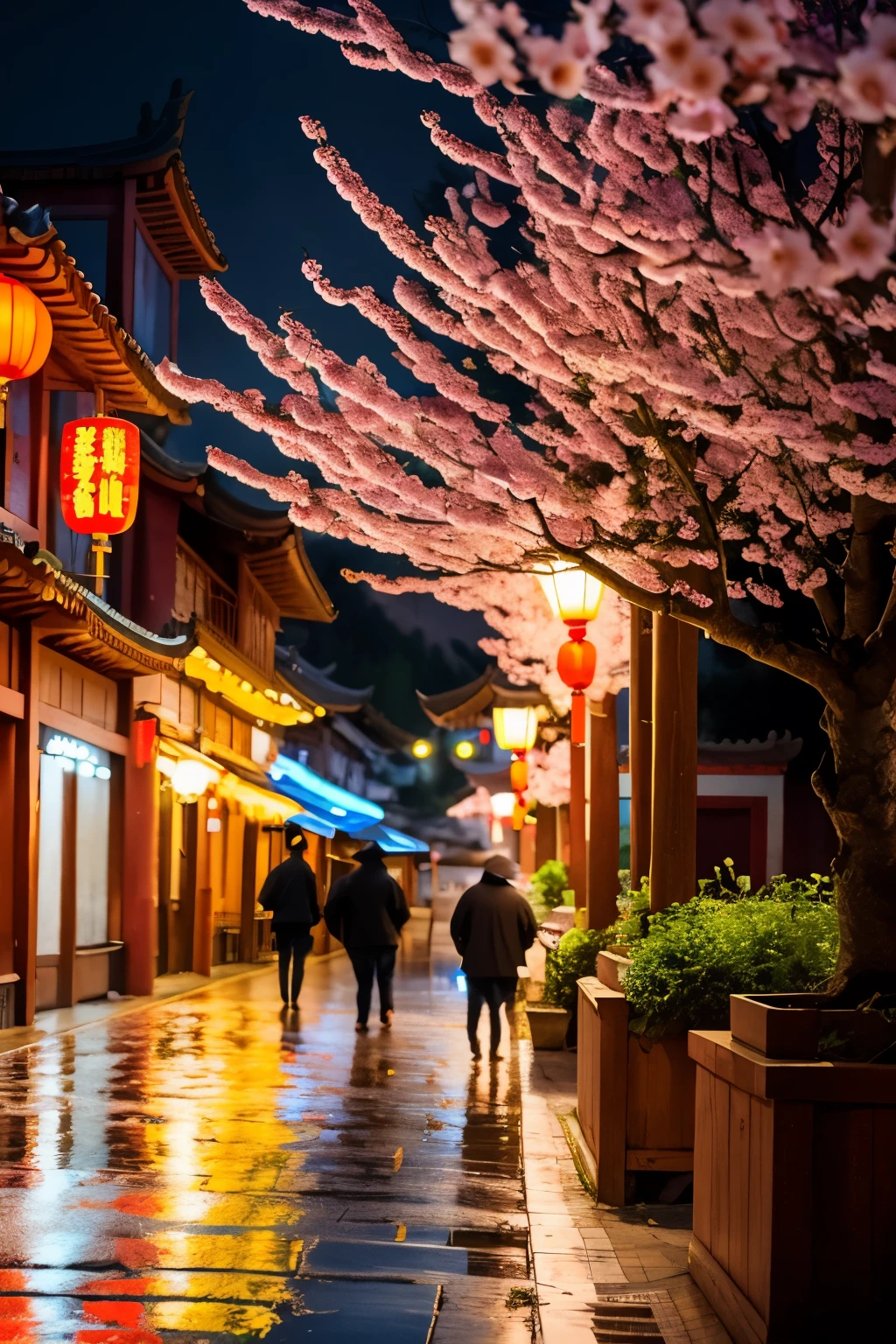 ((best quality)), ((masterpiece)), (detailed), chinese town, tree blossoms, people, heavy rain, bokeh