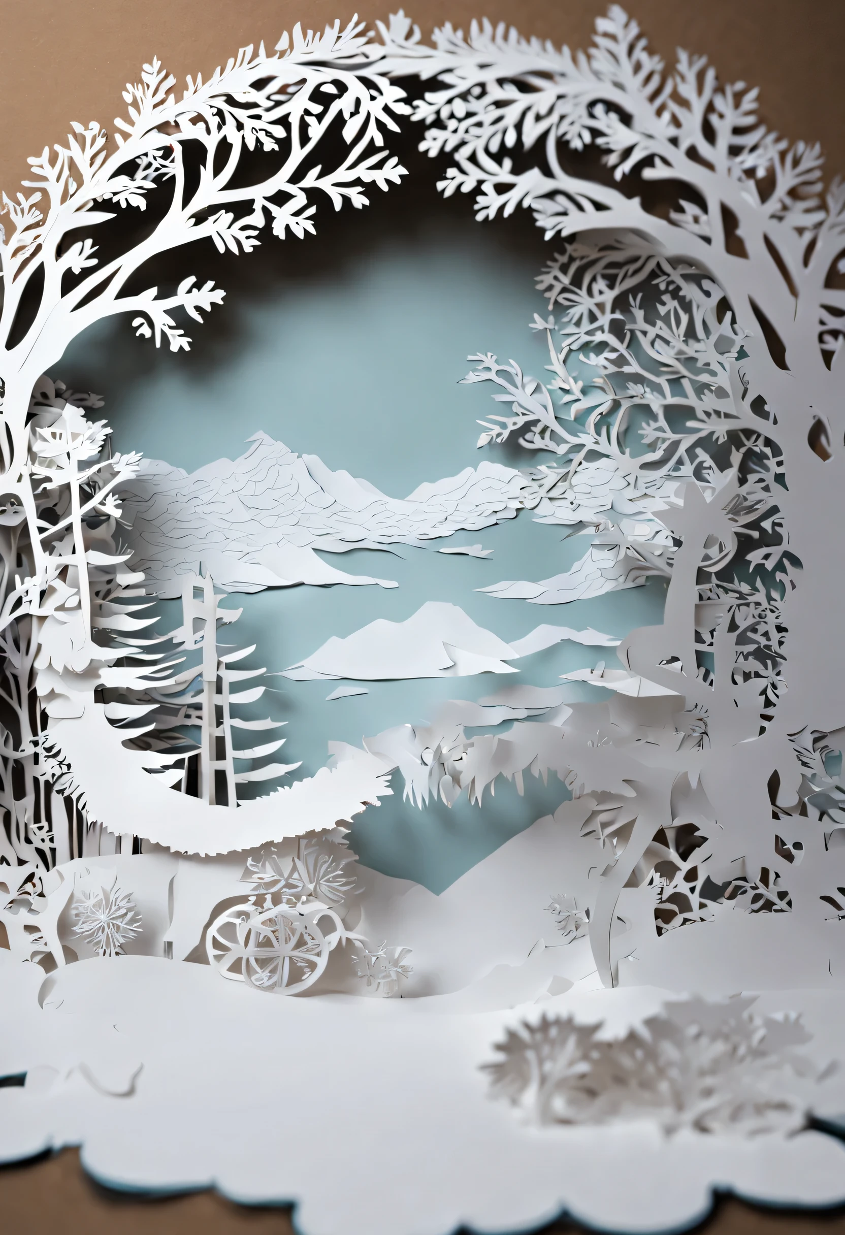 A world made entirely of sheets of paper cut out in the cut-out style, kirigami and snowflakes, it's very detailed and textured.