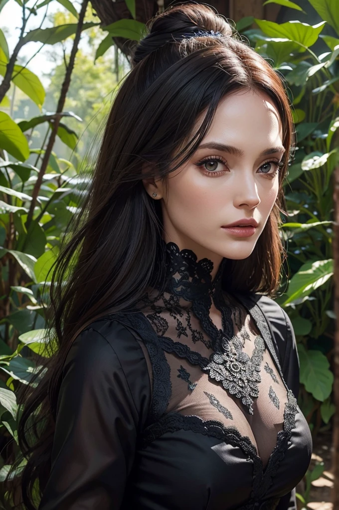 Mulher, cabelos negros, branca, vestido medieval, floresta, mystique, bruxa, floresta
