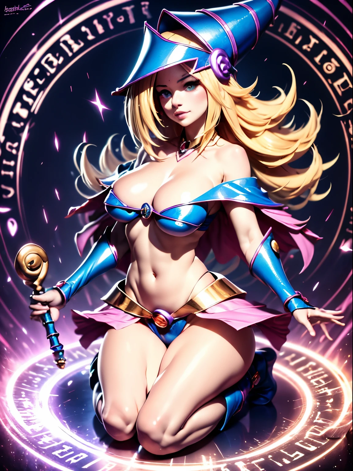 ultra-detailed, extremely detailed, masterpiece, highest quality, best quality, absurdres, highres, dark magician girl, (1girl:1.2), solo, detailed face, dynamic pose, hair flow, (full body:1.1), blonde hair, long hair, looking at viewer, green eyes, skindentation, detailed skin, skin pores, (shiny skin, glossy skin:1.1), rosy skin details, breasts, nail polish, skirt, blue footwear, blue headwear, wizard hat, wand, holding hat, (blue panties:0.9), (summoning circle:1.1), hexagram, pentacle, pentagram, yu-gi-oh!, duel monster, purple magic field, glow, detailed background, intricate background,