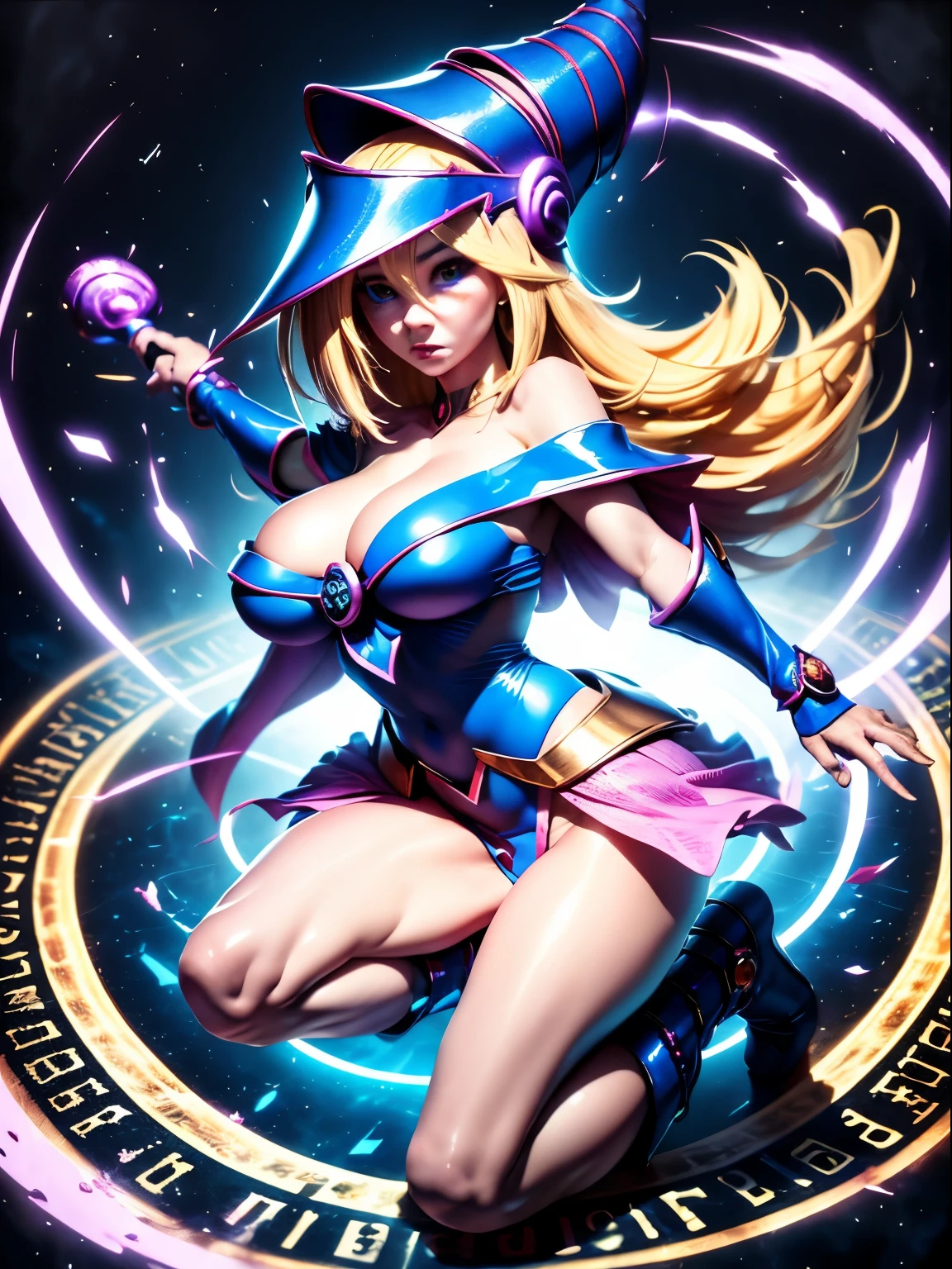 ultra-detailed, extremely detailed, masterpiece, highest quality, best quality, absurdres, highres, dark magician girl, (1girl:1.2), solo, detailed face, dynamic pose, hair flow, (full body:1.1),  blonde hair, long hair, looking at viewer, green eyes, skindentation, detailed skin, skin pores, (shiny skin, glossy skin:1.1), rosy skin details, breasts, nail polish, skirt, blue footwear, blue headwear, wizard hat, wand, holding hat, (blue panties:0.9), (summoning circle:1.1), hexagram, pentacle, pentagram, yu-gi-oh!, duel monster, purple magic field, glow, detailed background, intricate background,