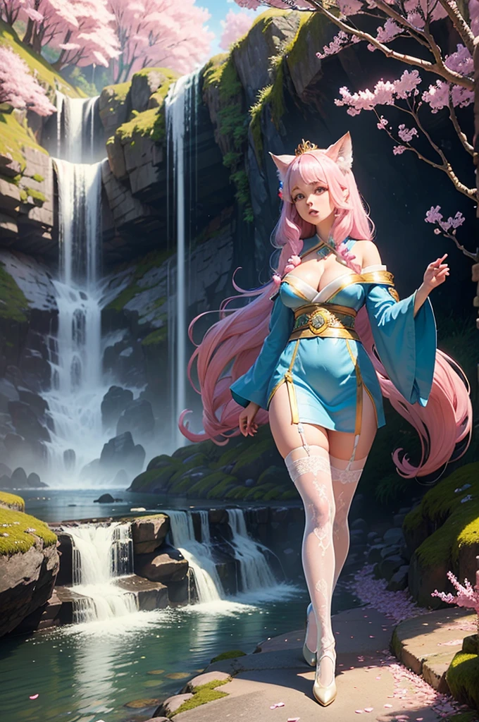 masterpiece, high quality, 1 girl, sorceress, facing forward, ultra wide shot, walking on a stone path, long pink hair with pink fox ears, big blue eyes, small nose, cute innocent face, blue ornaments in her hair, skinny, big breasts, cleavage, dark blue kimono with long wide sleeves and white/ gold details, white lace thigh-high stockings, white shoes with gold elements, cinematic light, waterfall, river, pink cherry trees, green trees, waterfall, blue sky, white clouds,