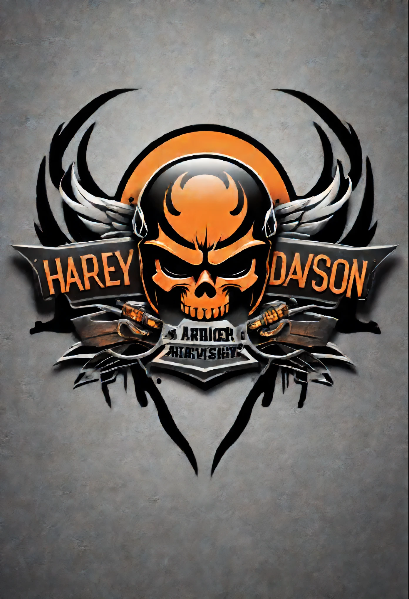 Harley Davidson logo design,t shirt design,beefy style,design only,white background,no model,professional,high contrast,high-res,ultra-detailed,vivid colors,metallic accents,sharp focus,edgy,dynamic composition,gritty texture,rough brush strokes,mechanical elements,chrome effect,classic typography,retro style,distressed look,aggressive lines and curves,3D rendering,striking visual impact,dark shadows,strong branding presence,monochromatic palette,industrial aesthetic, helmet samurai