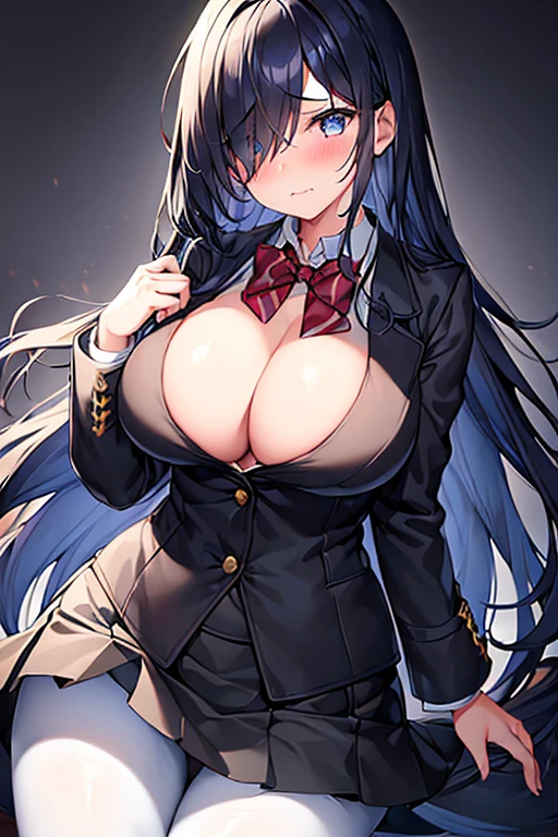 1girl, breasts, large breasts, wide hips, dark blue hair, hair over one eye, one eye covered, long hair, jacket, ((black jacket)), black jacket, miniskirt, white skirt, ((white skirt)), pantyhose, bowtie, red bowtie, shy, timid, blushing, blush, wavy mouth, black pantyhose