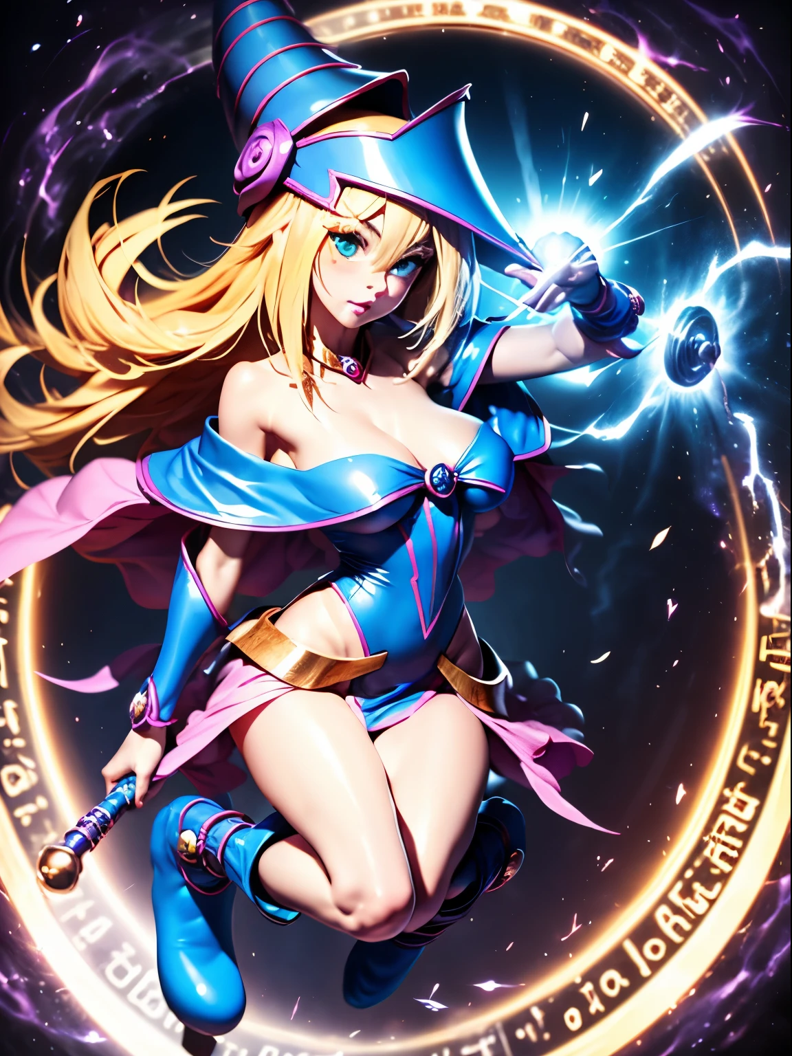 ultra-detailed, extremely detailed, masterpiece, highest quality, best quality, absurdres, highres, dark magician girl, (1girl:1.2), solo, detailed face, dynamic pose, hair flow, (full body:1.1),  blonde hair, long hair, looking at viewer, green eyes, skindentation, detailed skin, skin pores, (shiny skin, glossy skin:1.1), rosy skin details, breasts, nail polish, skirt, blue footwear, blue headwear, wizard hat, wand, holding hat, (blue panties:0.9), (summoning circle:1.1), hexagram, pentacle, pentagram, yu-gi-oh!, duel monster, purple magic field, glow, detailed background, intricate background,