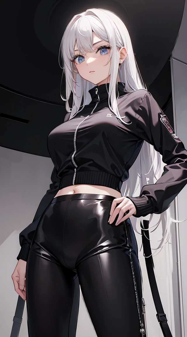 master part,best quality,papel de parede oficial,4k,1girl,Longos cabelos azuis escuros,jaqueta com rebite eyelack ciano,Leggings,Botas de rebite,Meias pretas brilhantes,Seios enormes